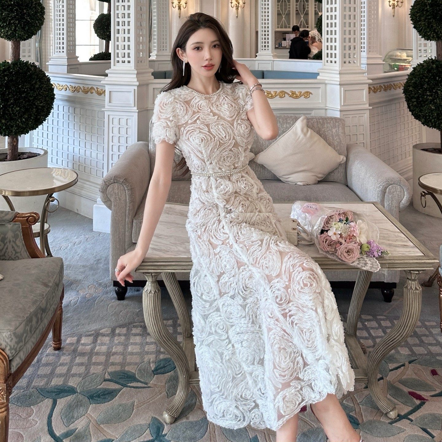 法式名媛风复古气质盘花蕾丝白色连衣裙女长裙漂亮订婚领证小礼服