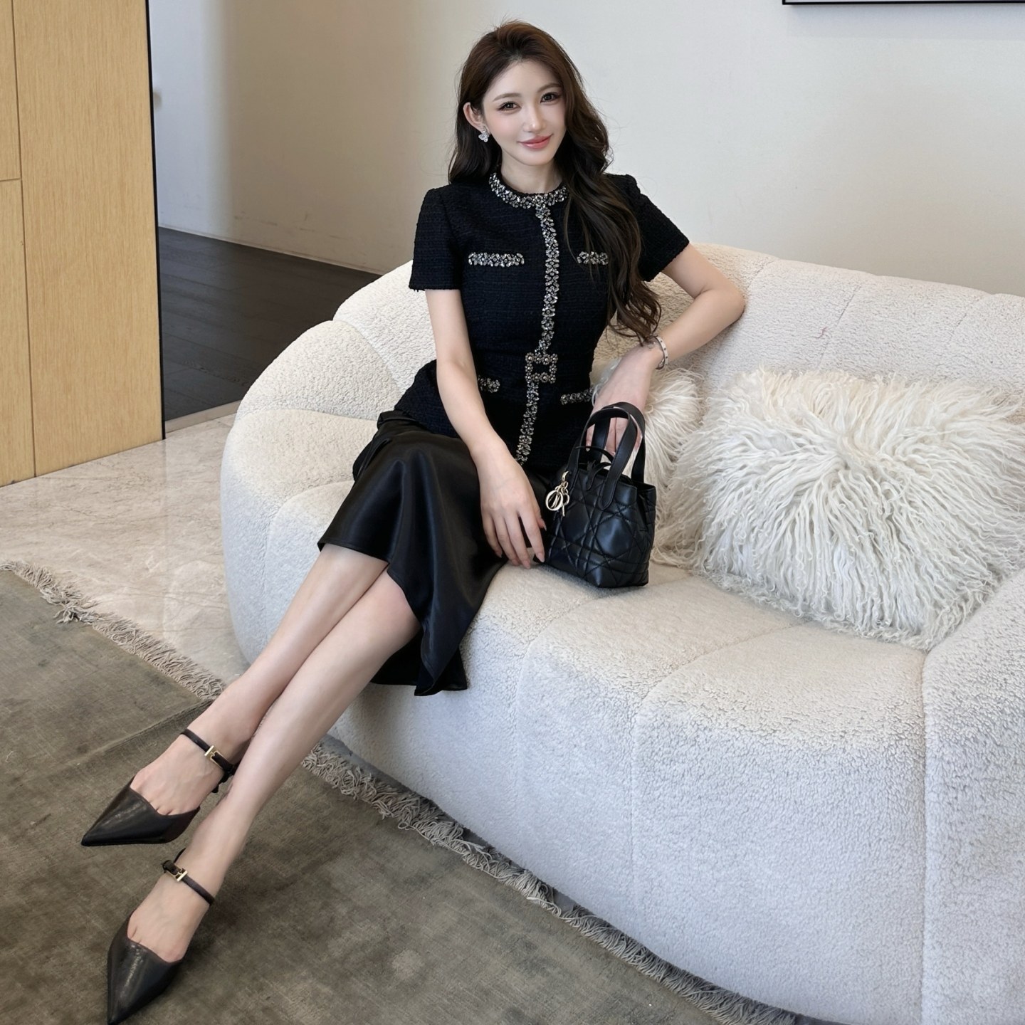 手工订钻轻奢风黑色粗花呢拼接缎面假两件长款连衣裙气质鱼尾礼服