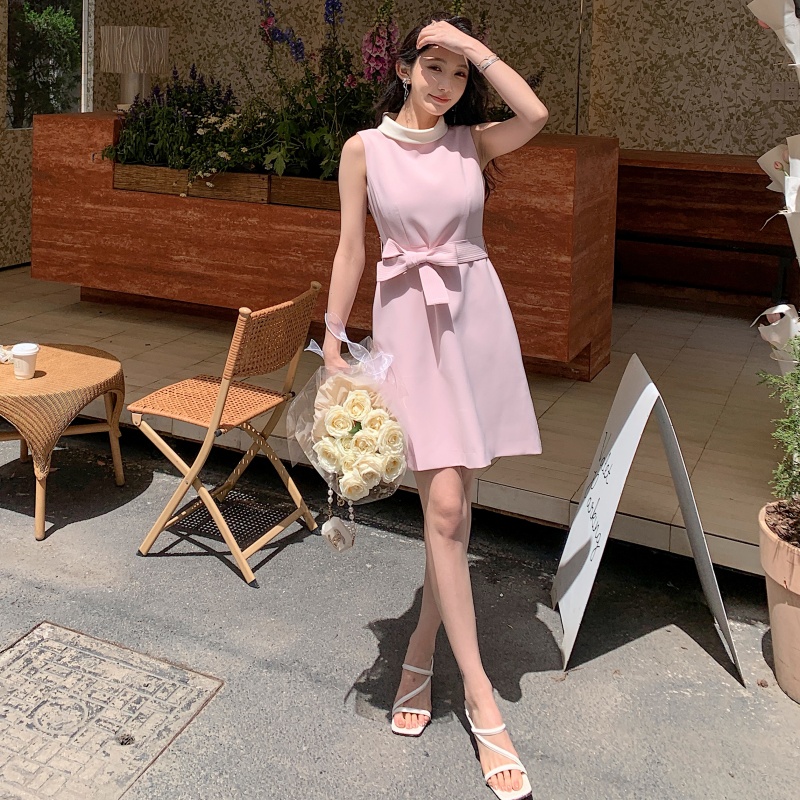 黄杨钿甜明星同款法式甜美蝴蝶结无袖法式小香风连衣裙子今年流行