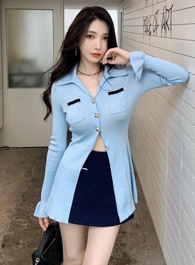 春季新款法式蓝色撞色精致气质简约百搭小香风长袖针织开衫上衣女