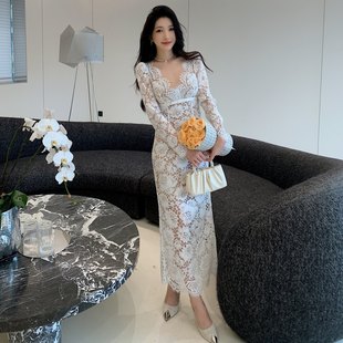 连衣裙法式 气质收腰镂空蕾丝长款 优雅女人味礼服 流行穿搭风格 秋季