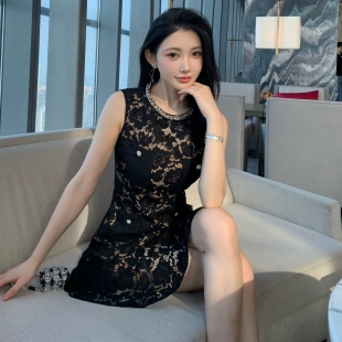 富家千金miu系穿搭彩钻圆领无袖 蕾丝连衣裙特别漂亮掐腰小裙子女