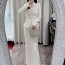 粗花呢修身 冬季 象牙白长袖 女装 假两件连衣裙漂亮气质大方长裙 新款