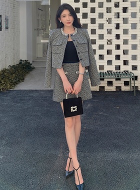 春季新款女装灰色长袖上衣外套高腰半裙千金miu系穿搭小香风套装