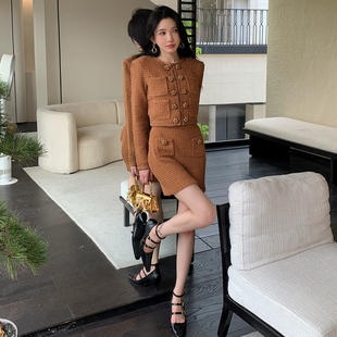 高腰短裙子美拉德小香风套装 富家千金双排扣毛衣针织长袖 外套开衫