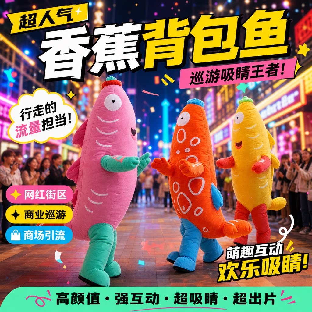 卡通香蕉背包鱼充气气模网红景区商业巡游商场店铺引流互动人偶服