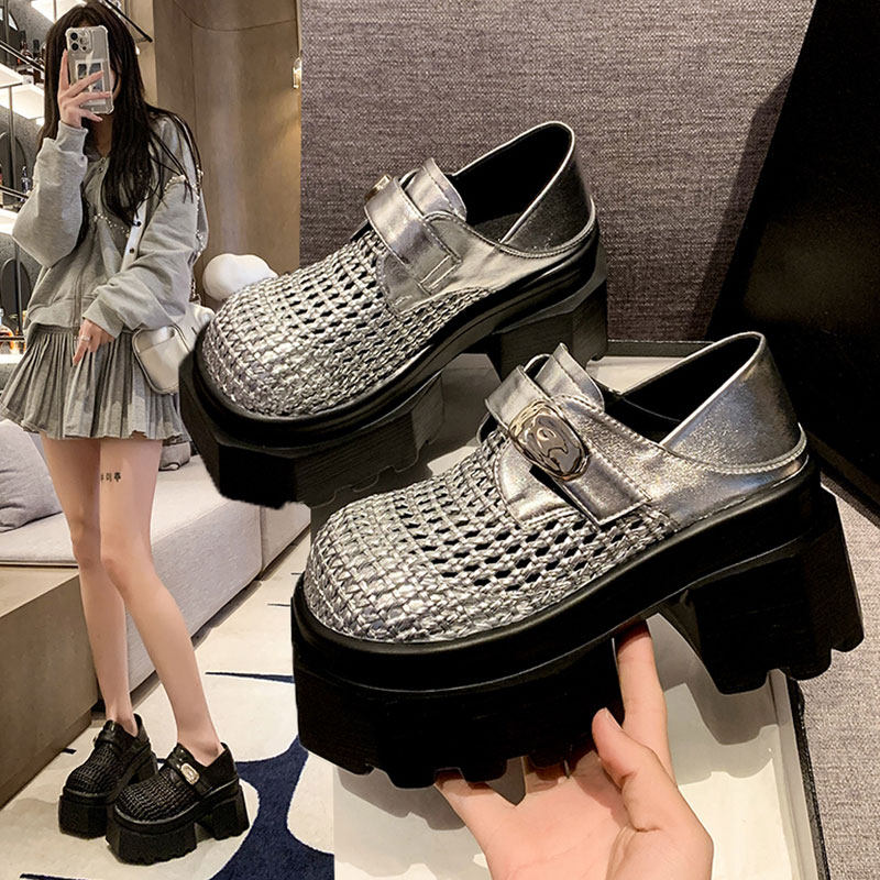 2026春季新款8cm内增高女鞋厚底编织镂空小皮鞋女百搭乐福鞋单鞋