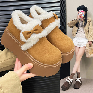 2025冬新款8cm内增高女鞋厚底加绒蝴蝶结勃肯鞋百搭保暖休闲棉鞋