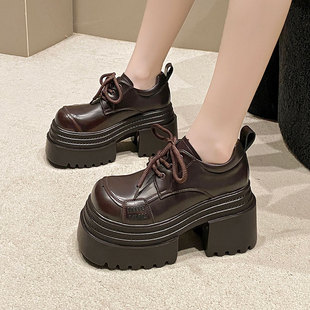 2025秋季新款10cm内增高女鞋厚底小个子松糕小皮鞋百搭英伦乐福鞋