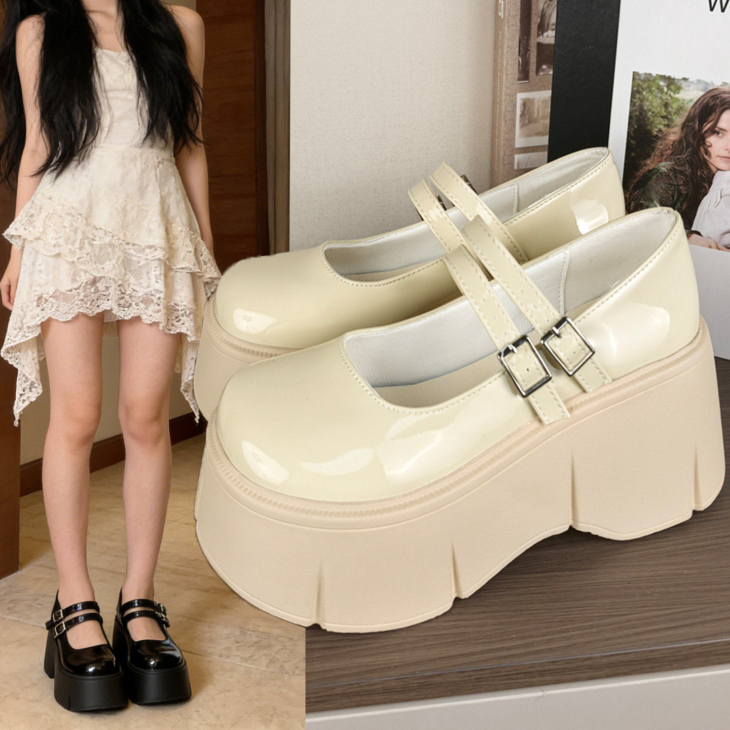 2026春季新款8cm内增高女鞋厚底小个子玛丽珍小皮鞋百搭松糕单鞋