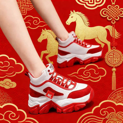 7cm内增高女鞋2026春新款厚底红色小个子老爹鞋本命年运动休闲鞋