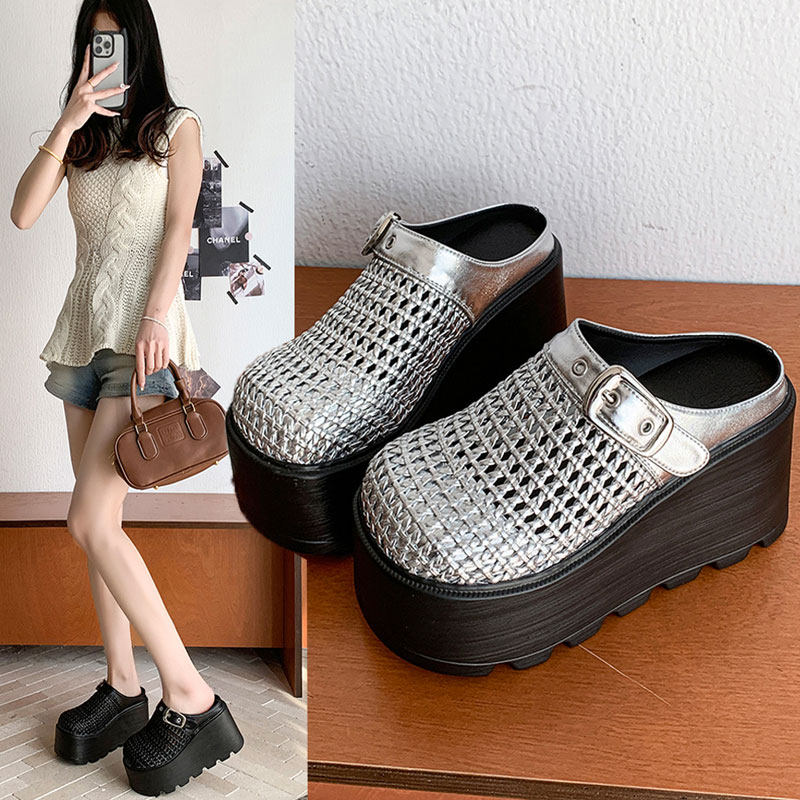 2026春新款8cm内增高拖鞋厚底一脚蹬包头勃肯拖鞋百搭编织半拖鞋