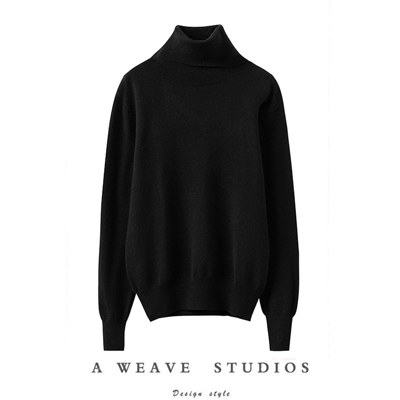 高领羊绒衫女毛衣撞色杏色黑色