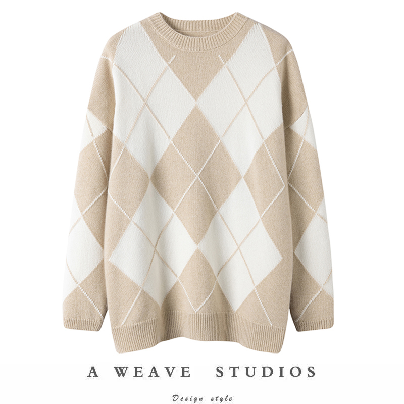 重磅加厚菱格提花山羊绒衫女