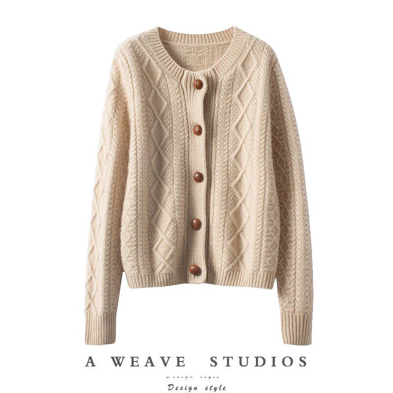 重磅奢华！真皮包扣复古奶奶风羊绒开衫女纯羊绒毛衣针织加厚外套