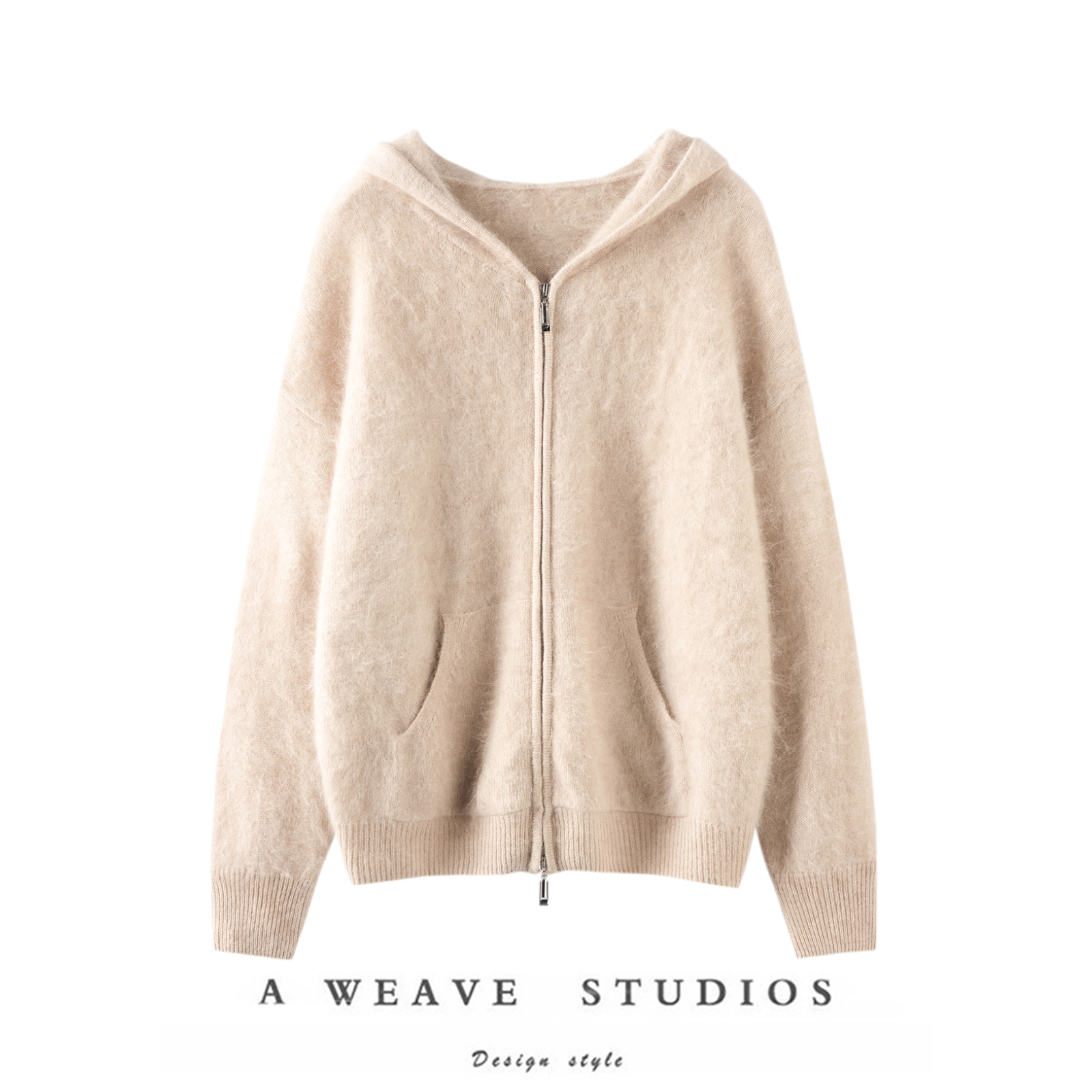 水洗拉绒羊绒拉链连帽针织开衫