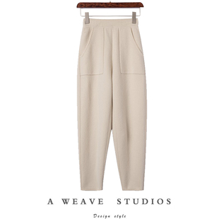 E424 加厚萝卜裤 萨琪尼产外穿纯山羊绒裤 女宽松白色针织休闲裤