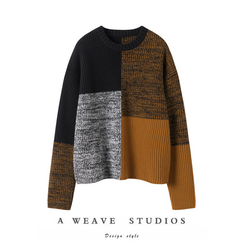 复古色块拼色粗针廓形毛衣羊绒