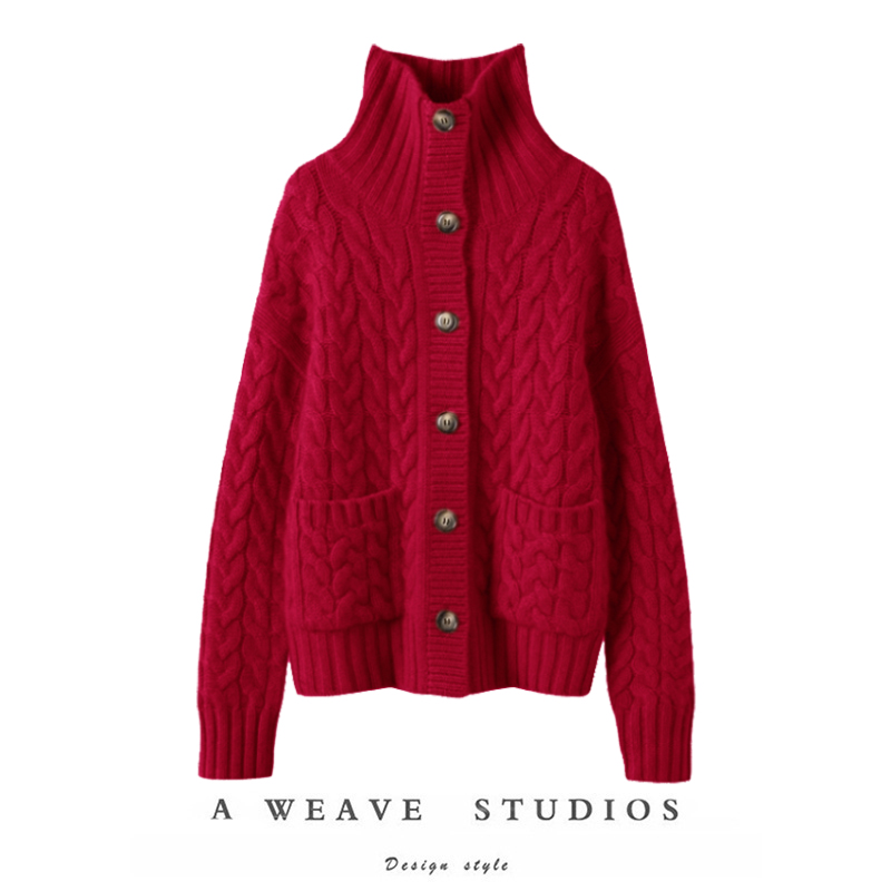 气质拿捏~100%山羊绒都市轻奢通勤麻花绞花立领开衫毛衣外套