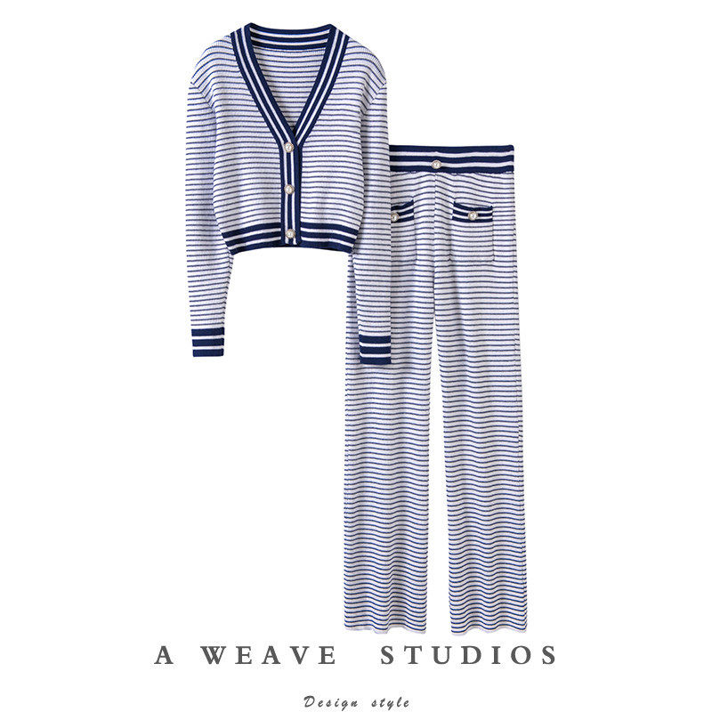 上身美醉~条纹套装女小香风纯山羊绒毛衣针织开衫阔腿裤两件套女,女装/女士精品,羊绒衫,淘宝优惠券,粉丝福利购,淘宝优惠卷