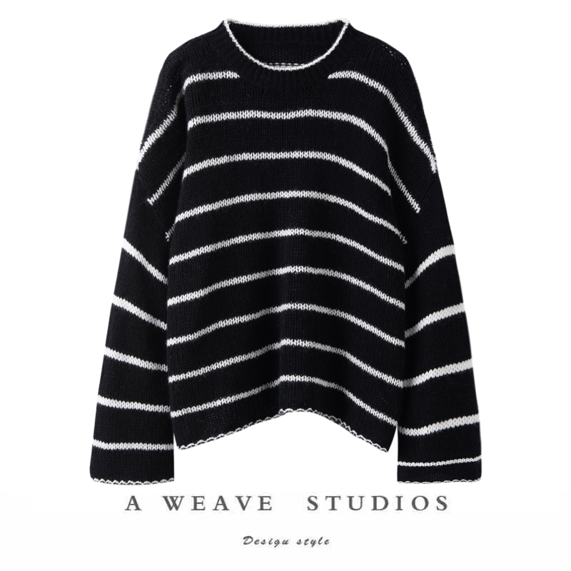 通勤圆领宽松条纹羊绒针织衫