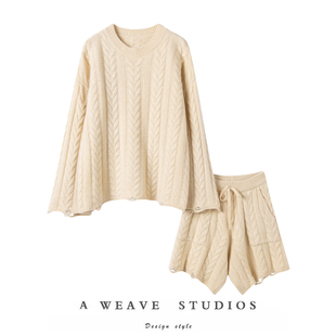 精致纯粹！2025秋冬纹理针织长袖毛衣短裤两件套装100山羊绒套衫