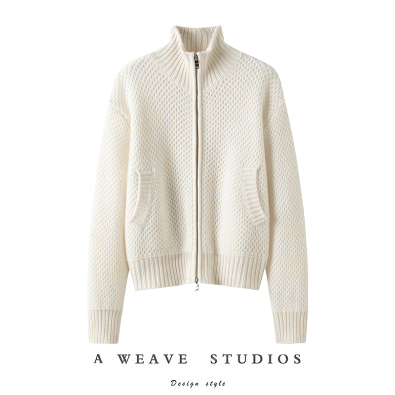 2025秋冬新款100%羊绒网纹格拉链针织开衫设计感小众针织衫