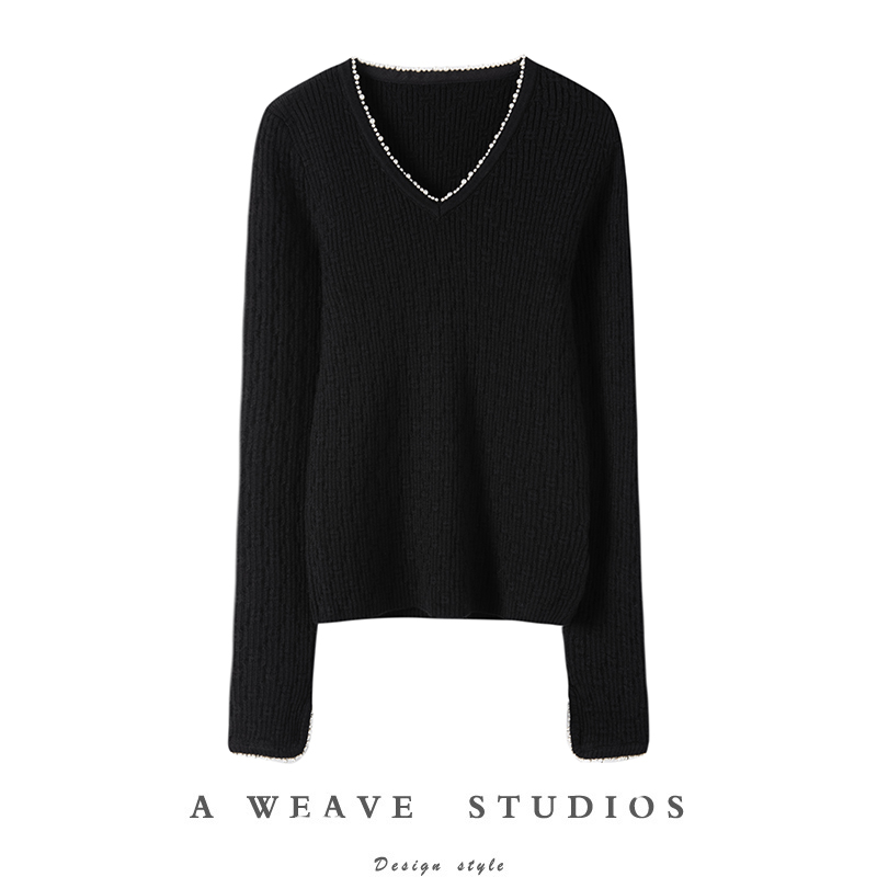 精致时髦！珍珠黑色内搭V领打底上衣复古显瘦山羊绒针织衫女秋冬
