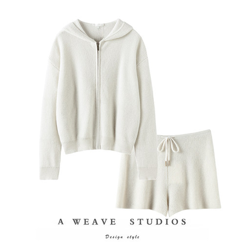 萨琪尼100%纯山羊绒针织外套2025秋休闲风华夫格连帽卫衣抽绳短裤