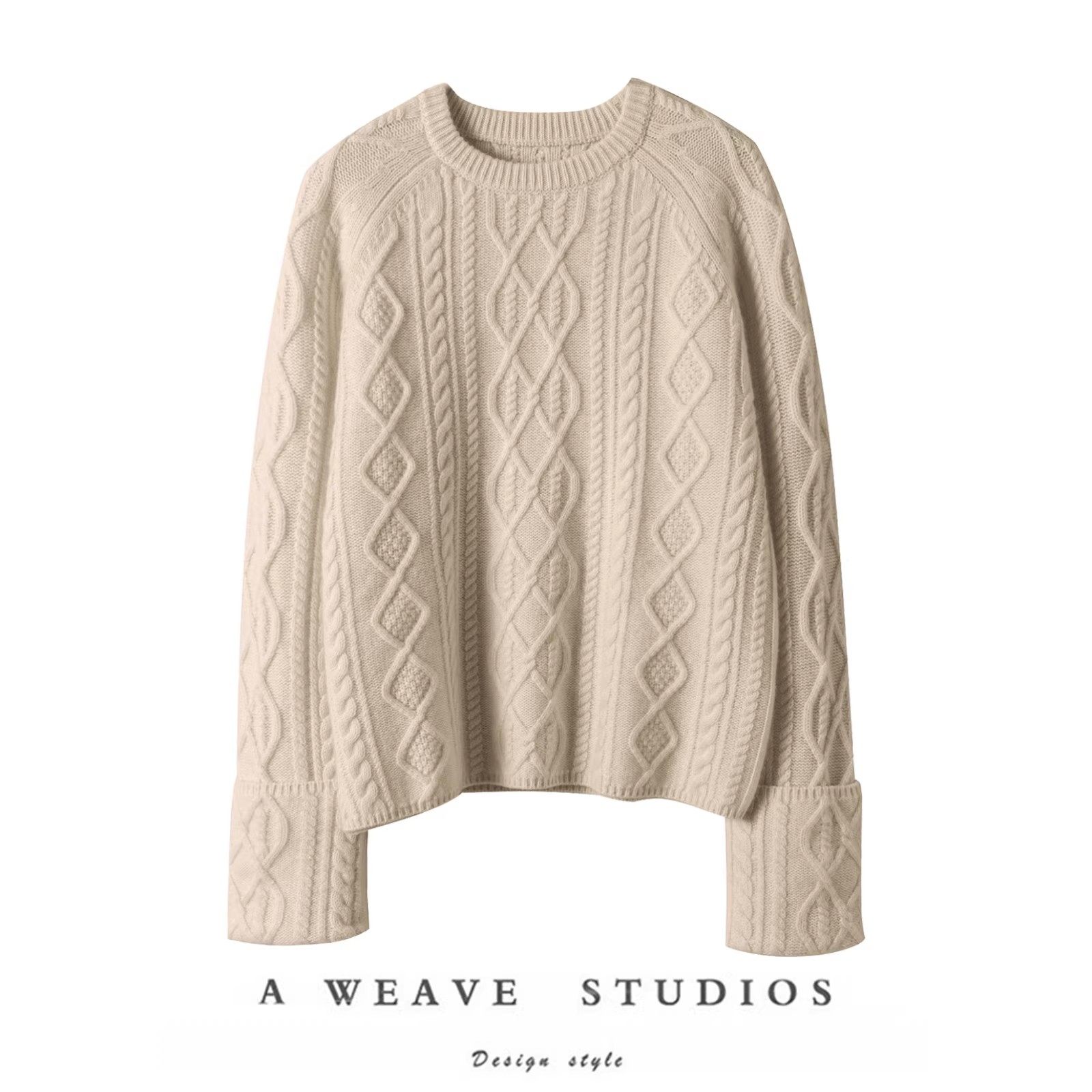 时髦小仙女！加厚圆领羊绒衫女绞花翻边袖设计纯羊绒毛衣针织衫冬,女装/女士精品,羊绒衫,淘宝优惠券,粉丝福利购,淘宝优惠卷