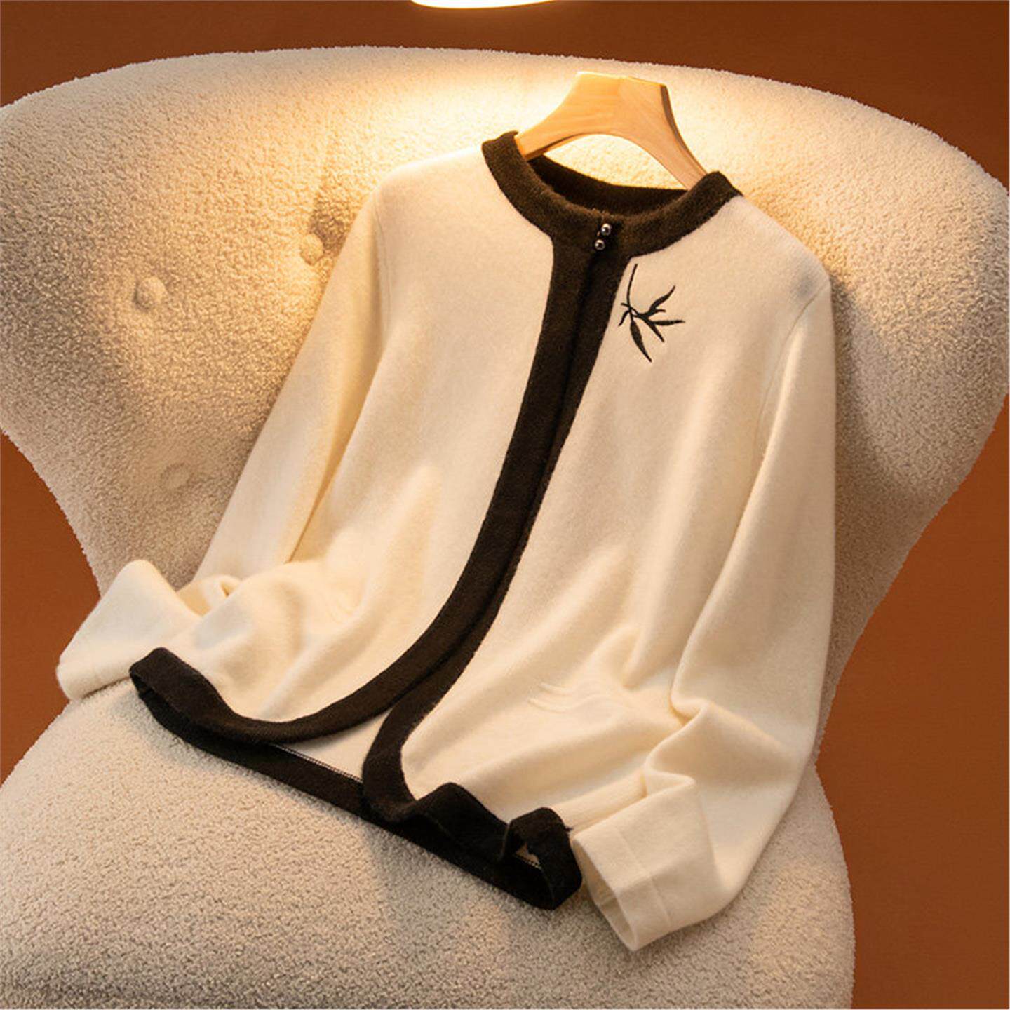 拼色刺绣轻奢山羊绒开衫披肩女宽松圆领毛衣外套2026秋冬针织长袖