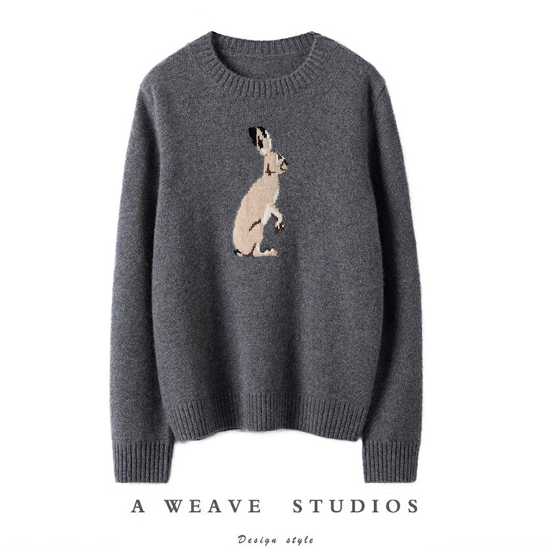 羊绒衫提花圆领上身女袋鼠提花