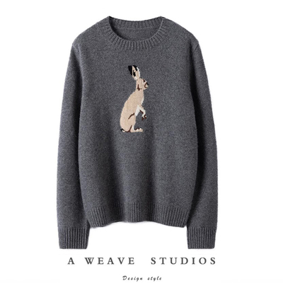 羊绒衫提花圆领上身女袋鼠提花