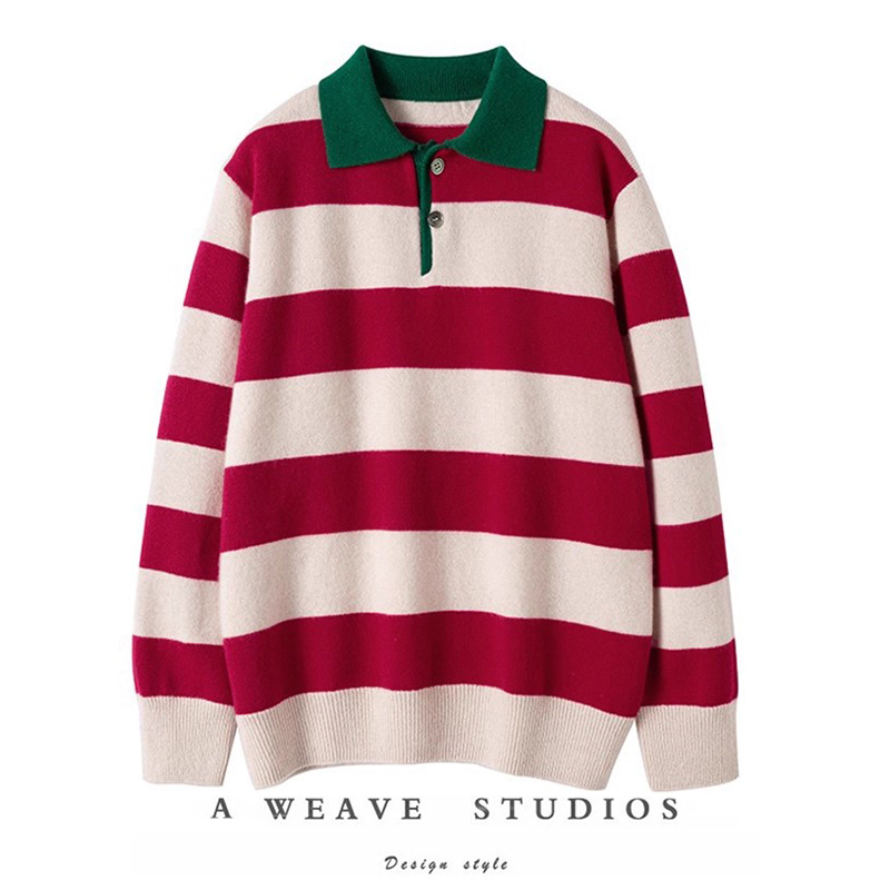 polo这个真心红条纹羊绒衫毛衣