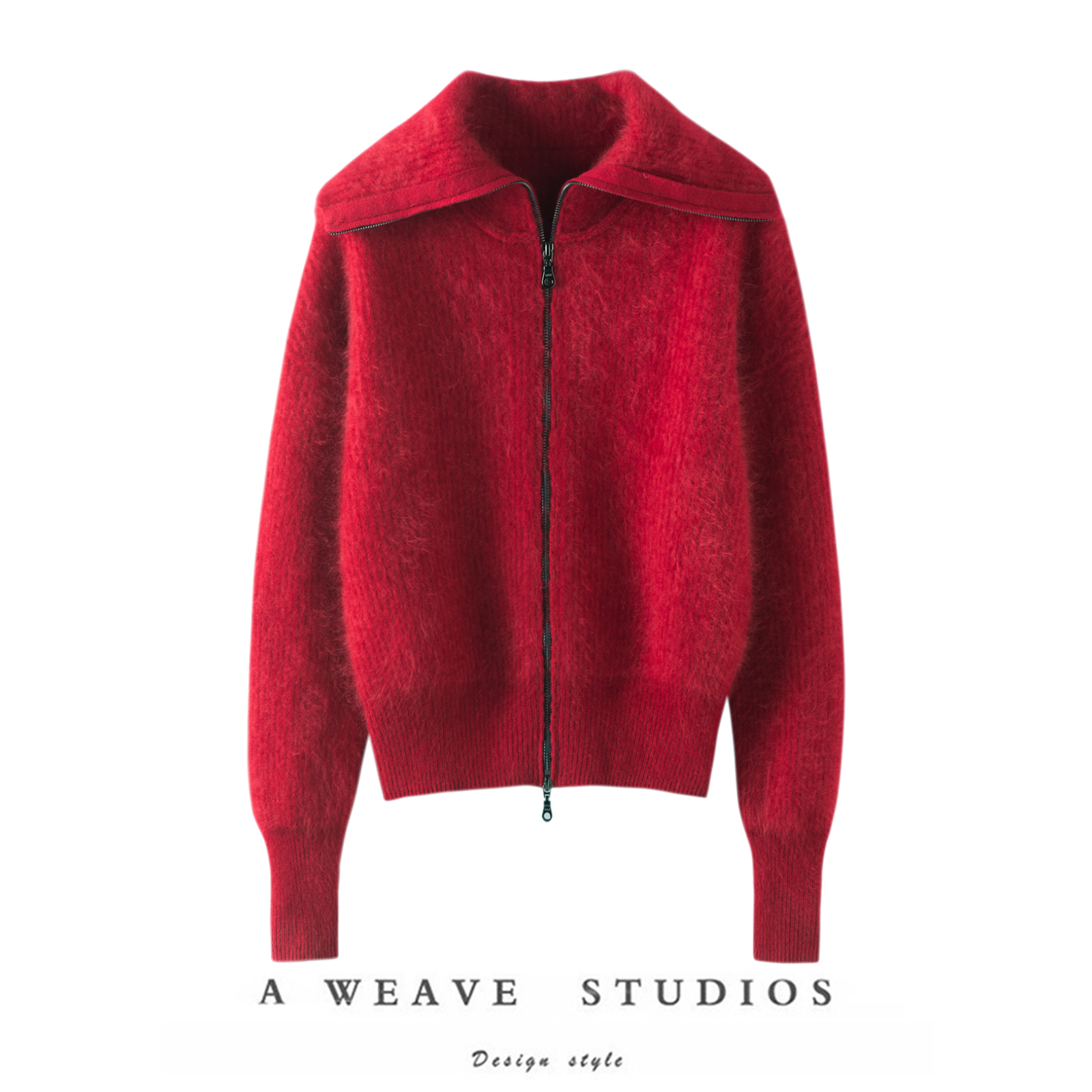 身穿陪伴~萨琪尼丰盈奶泡纯山羊绒拉绒拉链水手翻领针织外套毛衫