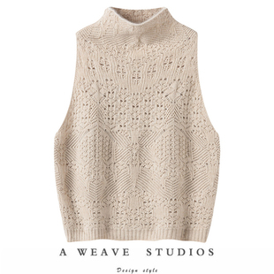 萨琪尼官方正品 镂空提花马甲 羊绒背心马甲纯羊绒毛衣立领无袖