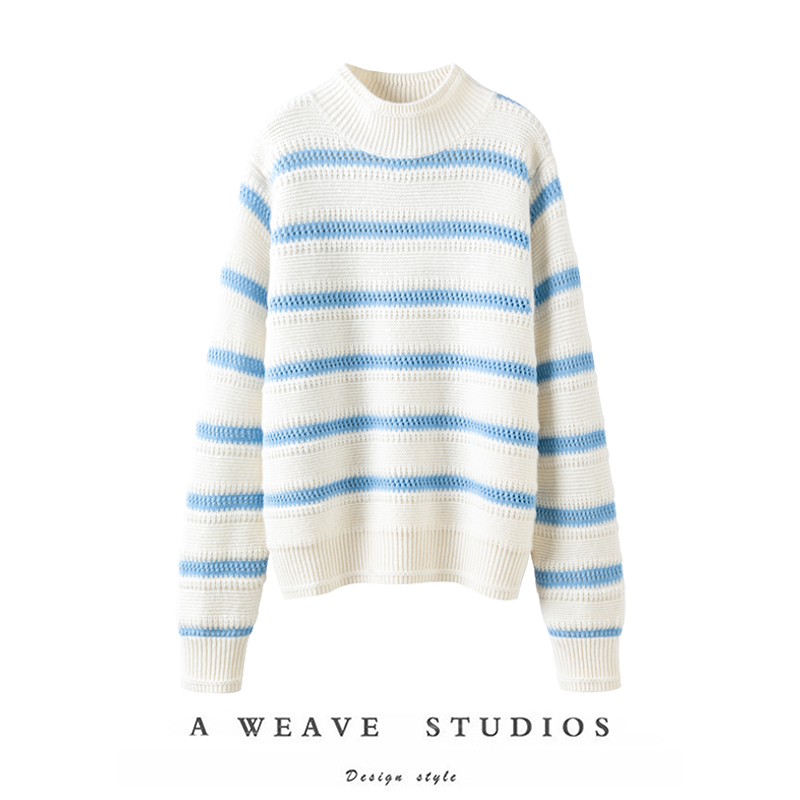 这就是潮流！条纹针织毛衣半高领宽松100%山羊绒法式轻奢25冬新款