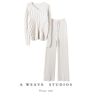 赞！难得一见！！加厚V领羊绒衫女套装纯羊绒裤子女直筒裤两件套