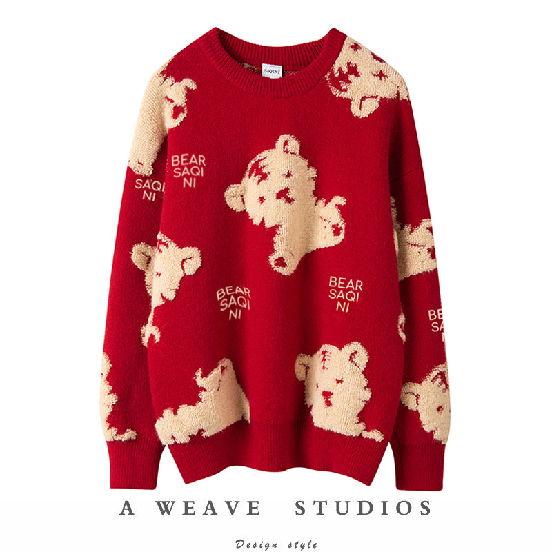 萨琪尼国潮风红色纯山羊绒衫可爱萌虎情侣羊绒毛衣男女同款