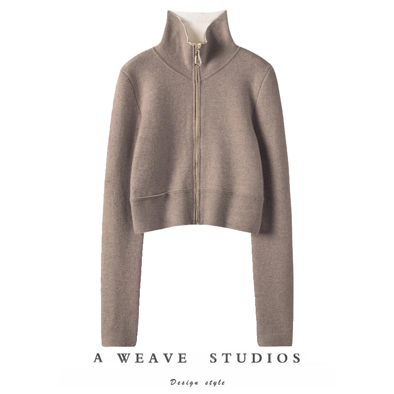 针织拉链开衫高领长袖小外套