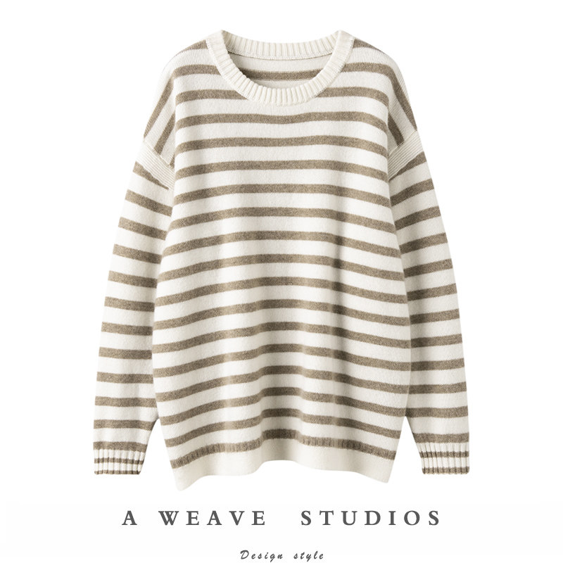 爆棚的高级感~羊绒衫女圆领加厚拼色条纹宽松100纯山羊绒针织毛衣,女装/女士精品,羊绒衫,淘宝优惠券,粉丝福利购,淘宝优惠卷