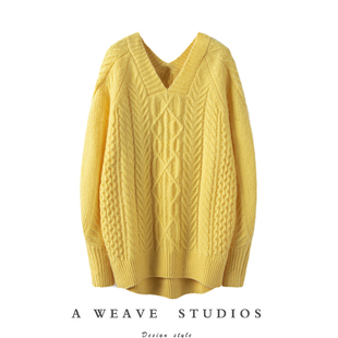 痴迷这份气质美~100%纯山羊绒针织衫 复古绞花V领套头毛衣女