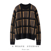 萨琪尼专柜嵿级雪花混色全羊绒90s复古粗针拼色嵌花格纹廓形毛衣