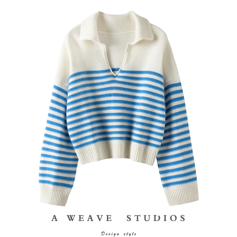 法式V领小翻领条纹羊绒针织毛衣