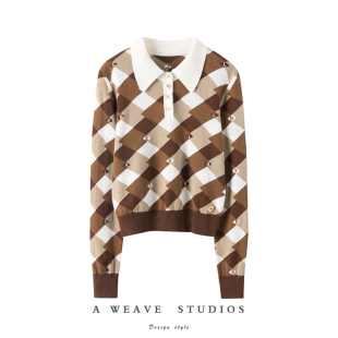 上衣短款 POLO领条纹菱形羊绒针织衫 时髦通勤 飞巴黎气质款