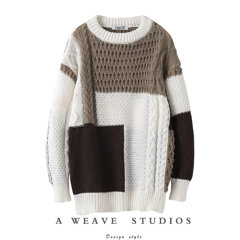 凭实力说话！！拼接撞色纯山羊绒毛衣25年新款女慵懒风针织上衣