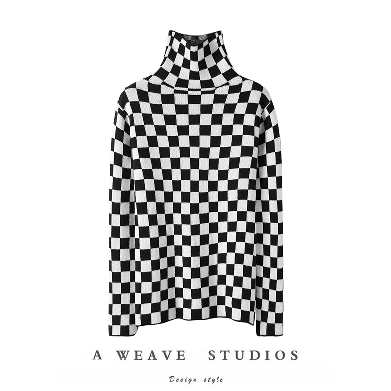 棋盘格高领羊绒衫女长袖