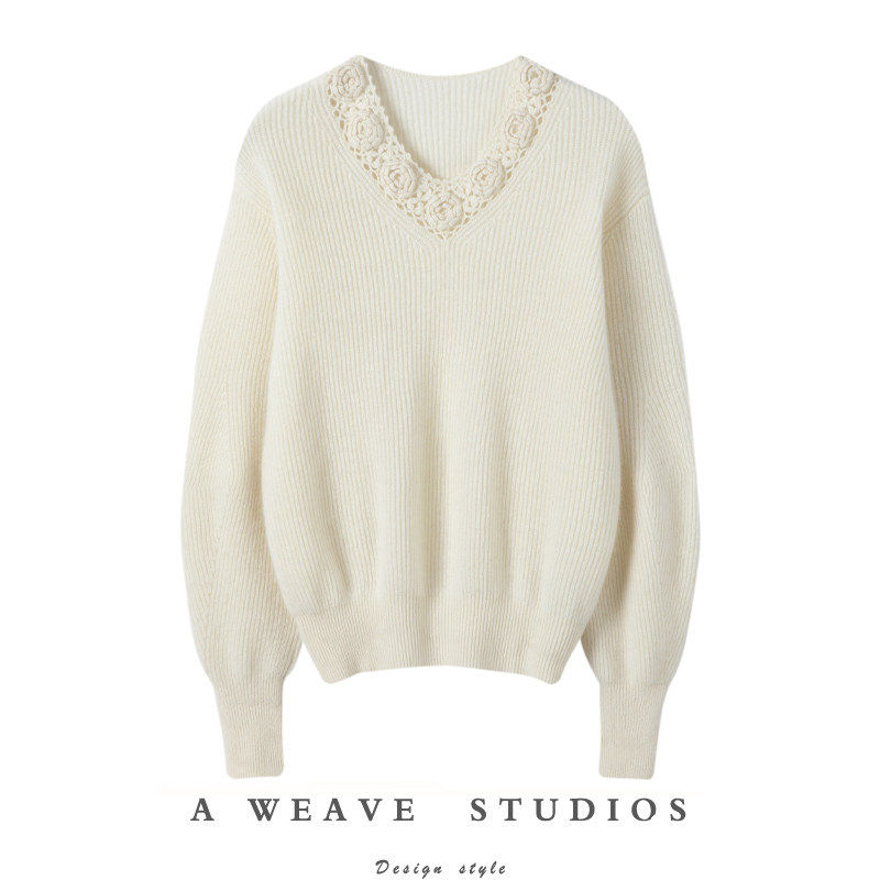 设计感小众气质~秋冬立体钩花V领羊绒衫女纯色偏厚毛衣打底针织衫,女装/女士精品,羊绒衫,淘宝优惠券,粉丝福利购,淘宝优惠卷