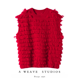 气质无限美 百分百纯羊绒针织背心女 全羊绒毛巾绣流苏须圆领无袖