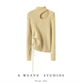 狂赞有魅力 上衣 半高领泡泡袖 镂空抽绳针织羊绒衫 女秋冬新款